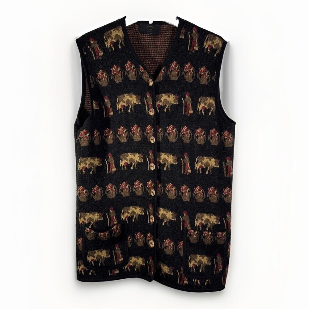 Vintage Norwegian Black Wool Sweater Vest Farm Animals Size XL - VITABELLA